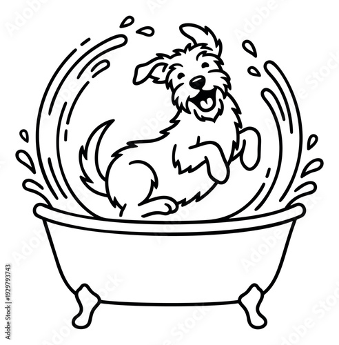 Line art illustration of a happy dog depicting splashing water in a bathtub for pet grooming