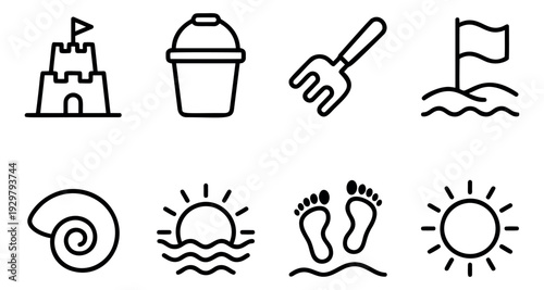 Hand drawn line art beach and summer icons set featuring a sandcastle, bucket, rake, flag, seashell, sunset, footprints, and sun for summer holidays and beach recreation