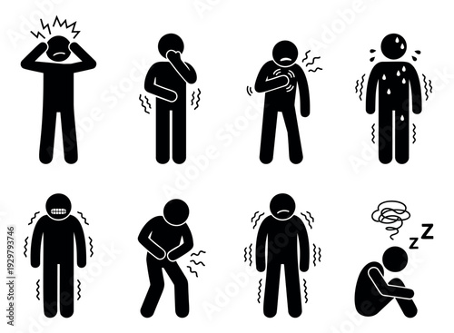 Simple stick figure illness symptoms set featuring headache, nausea, chest pain, and other health issues for medical information graphics