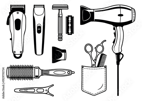 Line art hairdressing tools set featuring hair clippers, razor, dryer, scissors, and combs for professional hair styling