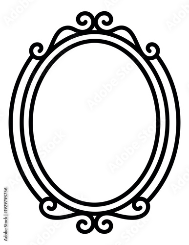 Line art illustration of an elegant oval frame depicting antique style scrollwork for decorative design