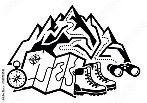 Graphic line art outdoor adventure set featuring mountains, a map, compass, hiking boots, and binoculars for exploration