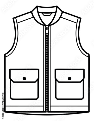 Minimal line art illustration of a vest depicting a zippered front with pockets for apparel design