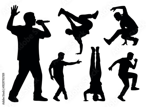 Silhouette performers set featuring men in various energetic poses for music and entertainment design