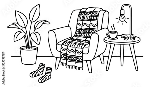Hand drawn line art cozy living room set featuring an armchair, blanket, houseplant, side table with a lamp, coffee cup, glasses, and socks for comfort and relaxation