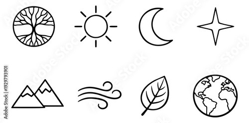 Hand drawn line art nature and celestial icons set featuring tree of life, sun, moon, and earth symbols for spiritual and environmental concepts