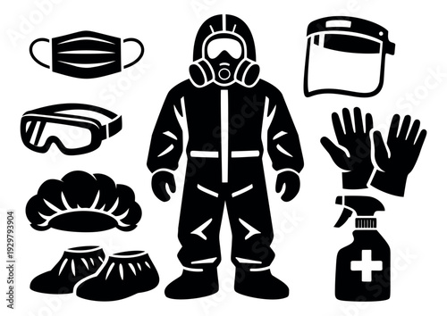 Graphic personal protective equipment set featuring a hazmat suit, face mask, goggles, and disinfectant for medical and hygiene safety