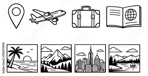 Line art travel icon set featuring a location pin, airplane, luggage, passport, and destination landscapes for global tourism