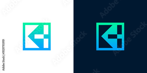 Abstract square logo with gradient letter K inside on white and dark backgrounds