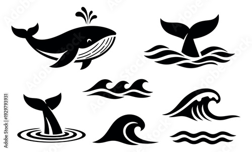 Graphic whale and wave icon set featuring a full whale, whale tails, and various ocean waves for marine themed designs