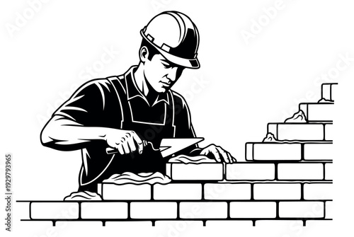 Line art illustration of a bricklayer depicting laying bricks for the construction industry