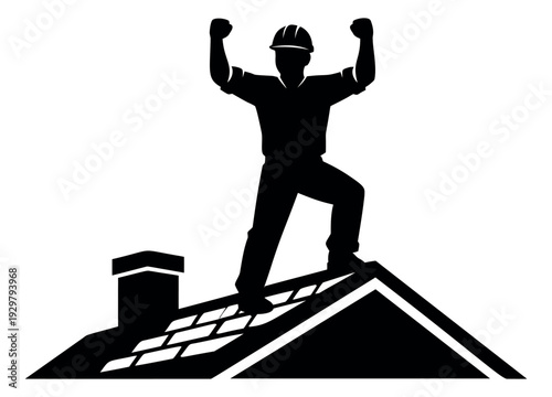 Silhouette illustration of a construction worker depicting celebration on a roof for the building industry