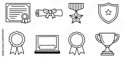 Line art achievement and award icon set featuring documents, honors, and trophies for education and success