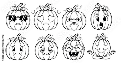 Hand drawn line art pumpkin character set featuring various facial expressions for Halloween and autumn
