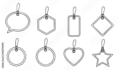 Hand drawn line art price tags set featuring various geometric and decorative shapes for retail and e-commerce promotions