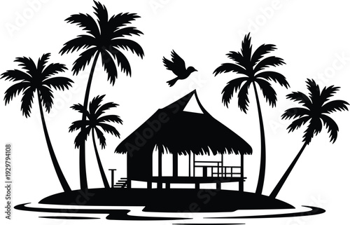 Tropical island bungalow silhouette with palm trees and flying bird, exotic beach hut vector illustration isolated on white background