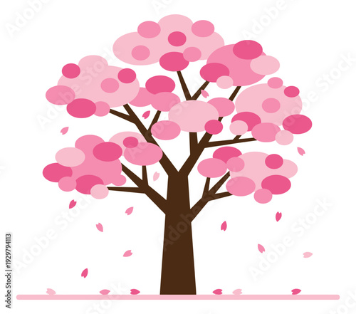 Simple graphic illustration of a cherry blossom tree depicting falling petals for spring season designs