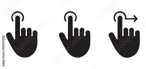 Black and white icons of hand gestures for touch screen interaction