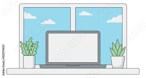 Line art illustration of a laptop and plants on a windowsill depicting a cozy home office space for remote work