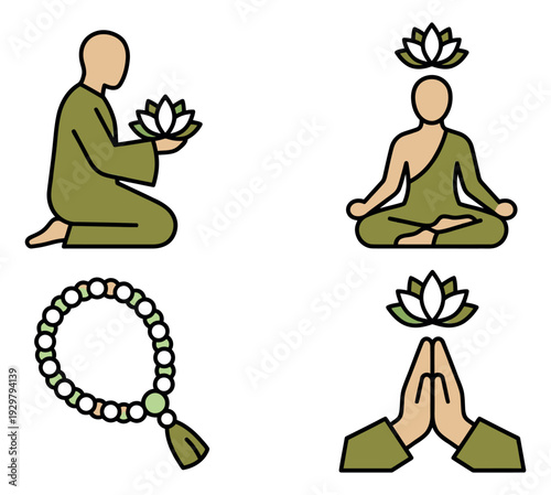 Hand drawn line art spiritual icons set featuring meditating figures, lotus flowers, prayer hands, and mala beads for meditation and wellness design