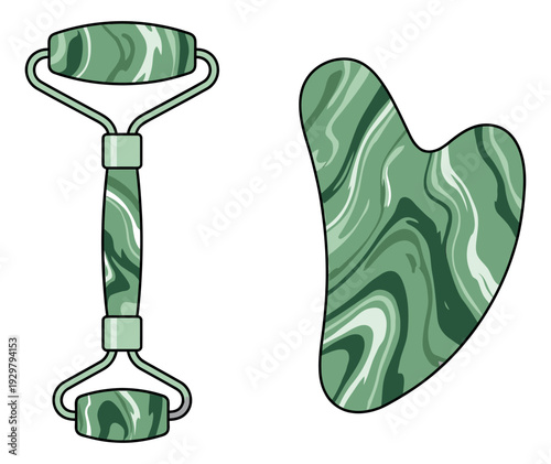 Hand drawn line art skincare tools set featuring a jade roller and a gua sha stone for facial massage