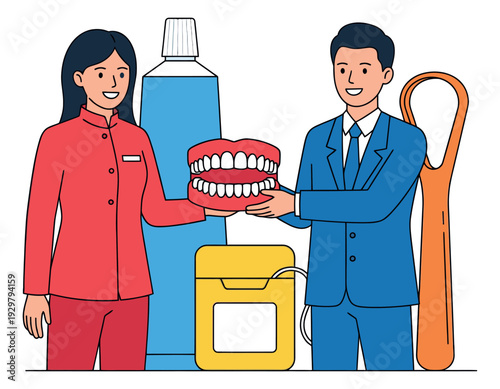 Hand drawn line art dental hygiene set featuring a dentist, a man, a denture, toothpaste, dental floss, and a tongue cleaner for oral health promotion