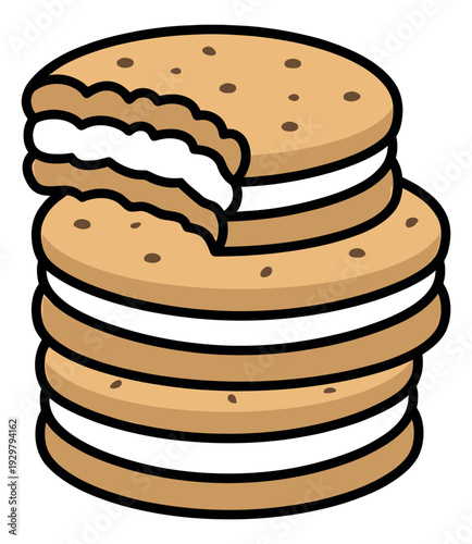 Colorful hand drawn illustration of sandwich cookies depicting a stack with a bite taken out for dessert concepts