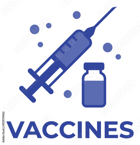 Flat line art graphic of vaccine concept depicting a syringe and a medicine vial for medical and public health