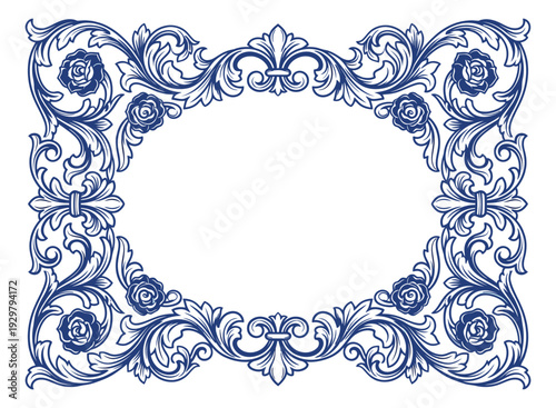 Ornate hand drawn illustration of an ornamental frame depicting swirling acanthus leaves and roses for elegant design projects