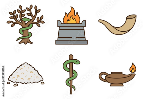 Hand drawn biblical and ancient symbols set featuring a shofar, altar, and Rod of Asclepius for religious and historical projects