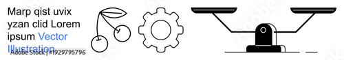 Justice, technology, nature, decision-making, industrial processes, agriculture. Black-and-white icons of a balance scale, gear and cherries. Justice and technology ideas visually