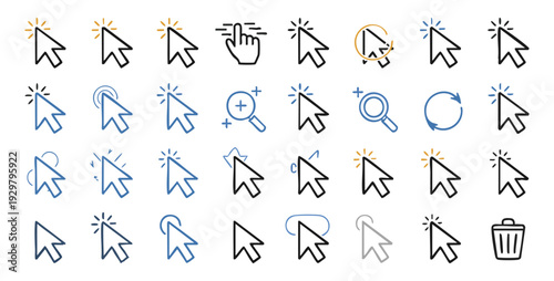 Computer cursor and click icons set featuring arrow pointers with web hand touch symbols on white