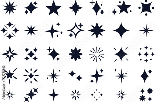 A collection of dark blue sparkling star shapes and glimmering light bursts are arranged on a plain white background high quality