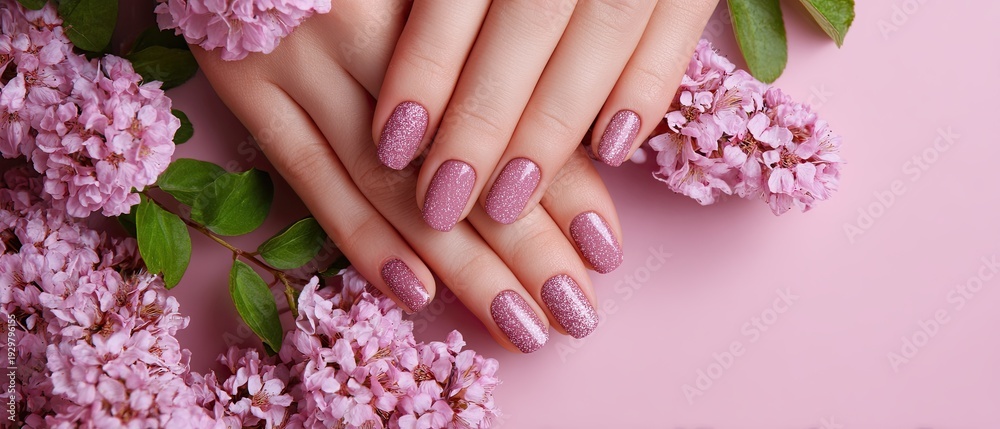 Fototapeta premium Women's hands with spring nail designs. Pedicure with pink glitter polish. With space for text.