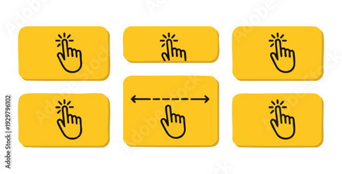 Yellow button click icons with hand gestures showing touch interaction and finger swipe movements