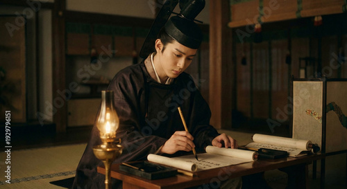 Heian Noble Writing Scroll by Oil Lamp at Night
（夜、灯火の下で文を書く貴族）