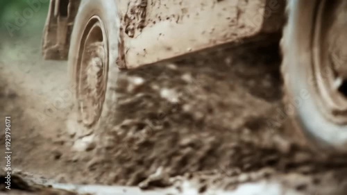 Powerful tire churning through muddy terrain, kicking up dirt and debris, action shot
