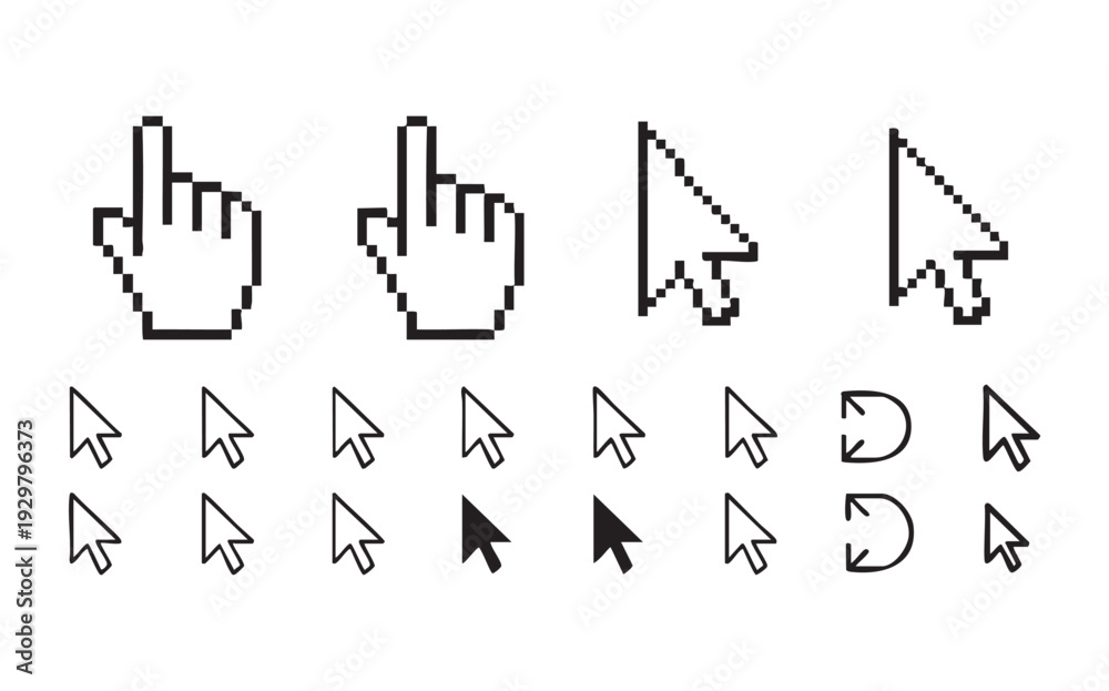Obraz premium Collection of pixel and vector mouse cursors in various styles, hand and arrow pointers