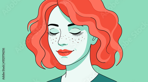 Vector portrait of a red-haired woman with freckles on a teal background, modern pop art illustration