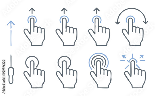 Set of touch screen hand gestures collection, various multi-finger taps and swipes, vector illustrations