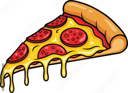 Delicious Pepperoni Pizza Slice with Melted Cheese Cartoon Illustration.