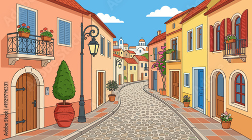 Charming Mediterranean street lined with colorful houses, cobblestone pavement, balconies, and potted plants under a bright blue sky