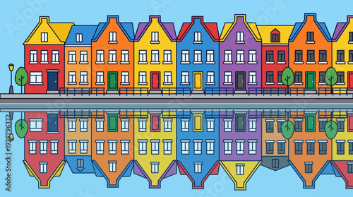 Colorful row of houses along the waterfront with a mirrored reflection in a vibrant urban street scene illustration