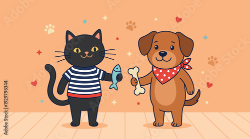 Adorable cartoon cat and dog standing together with a fish in a friendly, playful pet scene