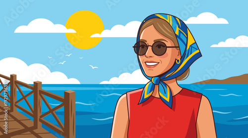 Cartoon style illustration of a smiling woman wearing a headscarf and sunglasses on a sunny seaside boardwalk, ideal for beach fashion.