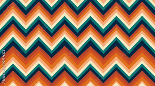 Seamless chevron zigzag pattern in bold orange, teal, cream and black tones for modern graphic design, textiles and digital backgrounds