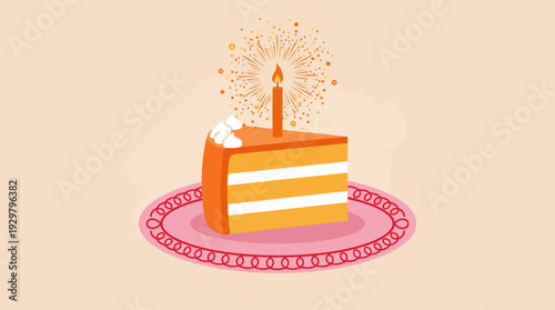 Birthday cake slice with a lit sparkler candle on a decorative pink plate - festive flat vector illustration