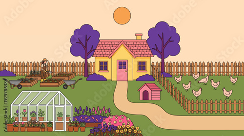 Charming cartoon countryside scene with a yellow house, greenhouse, purple trees, and a winding garden path