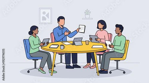 Diverse team collaborating around a round table in a modern office, brainstorming and sharing ideas