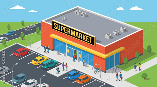 Isometric illustration of a bright supermarket storefront with a busy parking lot, shoppers, and a modern grocery retail scene.